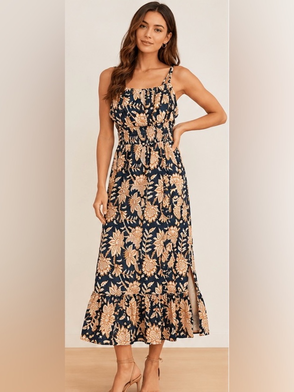 Grace Karin Floral Smocked Midi Dress Navy Tan Size Small Like New
